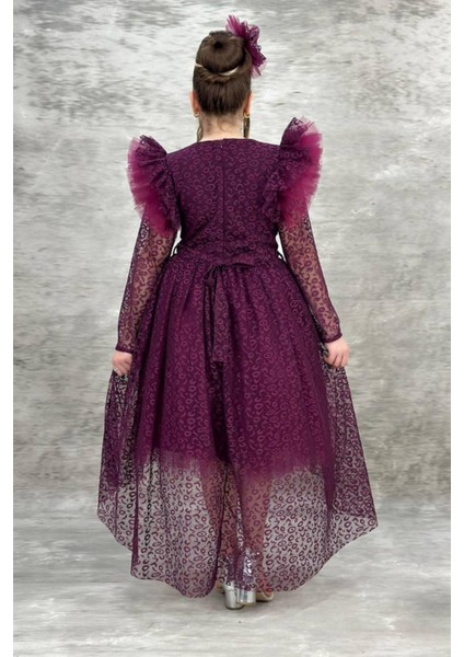 Kız Çocuk Mor Tül ve Dantel Detaylı Abiye Elbise Özel Gün - Doğum Günü - Düğün - 6-9 Yaş fırsatları