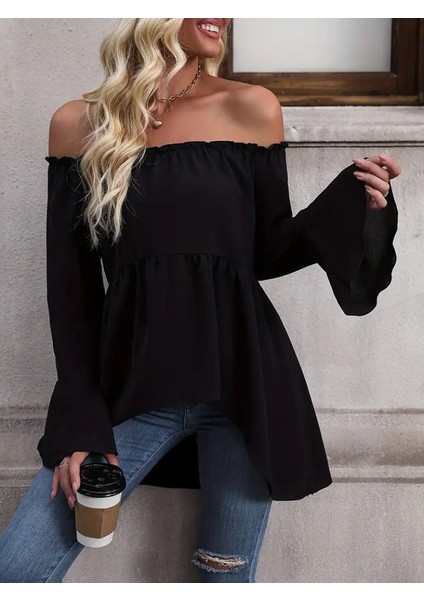 Kadın Uzun Kollu Madonna Yaka Asimetrik Detaylı Kolları Ispanyol Viskon Bluz fiyatları