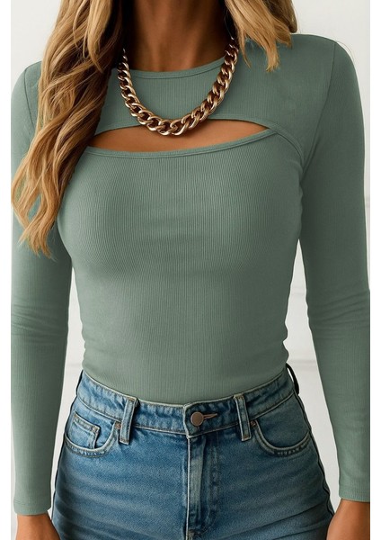 Kadın Uzun Kollu Pencere Detaylı Kaşkorse Bluz