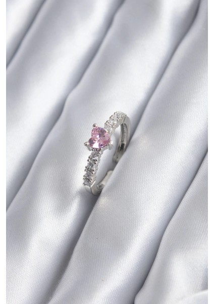 Bfs Gümüş Renk Zirkon Taşlı Pembe Kristal Kalp Model Kadın Yüzük