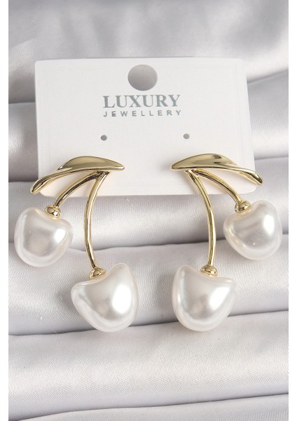 Pirinç Gold Renk Beyaz Inci Kiraz Model Kadın Küpe - TJ-BKP10461