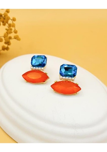 Geometrik Zra Model Lacivert Turuncu Incili Marka Küpe