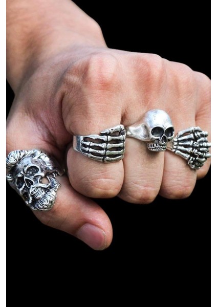 4 Adet 925 Ayar Gümüş Kaplama Ayarlanabilir El Yapımı Erkek Kadın Yüzük Seti