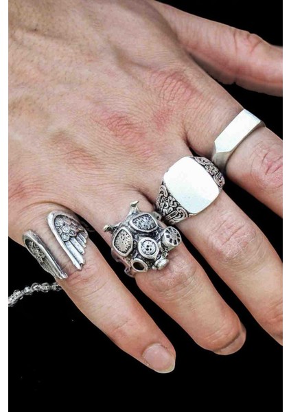 4 Adet 925 Ayar Gümüş Kaplama Ayarlanabilir El Yapımı Erkek Kadın Tarz Yüzük Seti