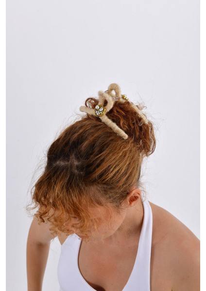 Fildişi Yün Sargılı Saç Tokası