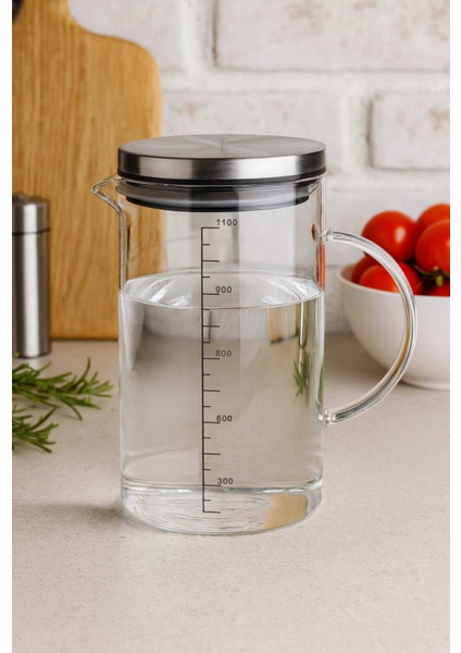 Borosilikat Cam Metal Kapaklı Ölçülü Sürahi Yağdanlık Isıya Dayanıklı 1100 ml