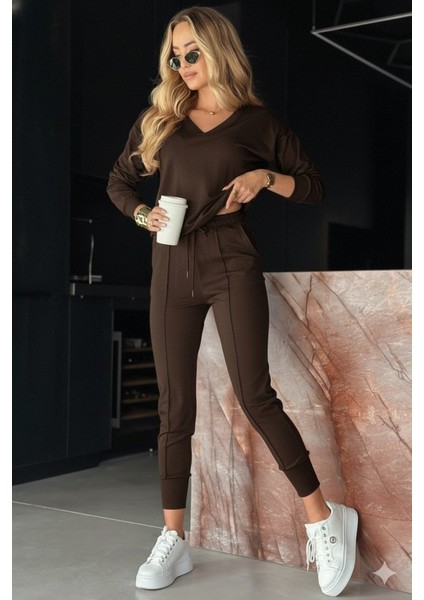 Kadın Uzun Kollu V Yakalı Viskon Iki Iplik Bluz ve Pantolon Ikili Takım modelleri