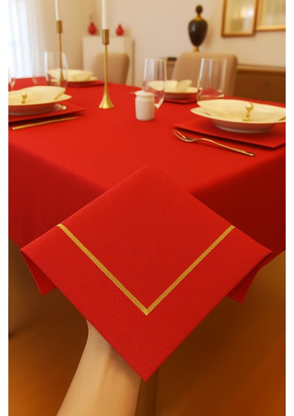 Çeyizlik Piko Sarma Detaylı Dertsiz Masa Örtüsü Simli Kırmızı