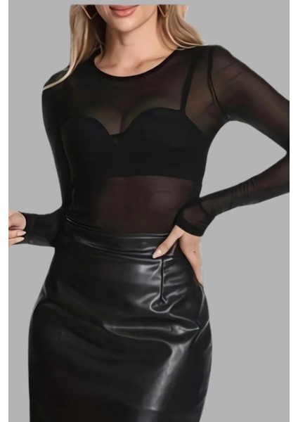 Büyük Beden Transparan Likralı Tül Uzun Kol Bluz-Siyah