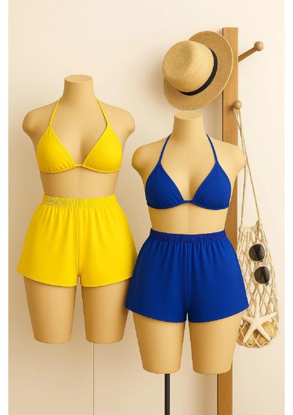 Marsilyan- Kadın Sarı ve Mavi Şortlu Belden ve Boyundan Bağlamalı Bikini Takımı