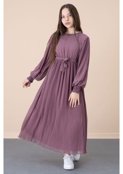 Kız Çocuk Elbise Fırfırlı Yaka ve Kuşak Detayı ile Özel Günler İçin