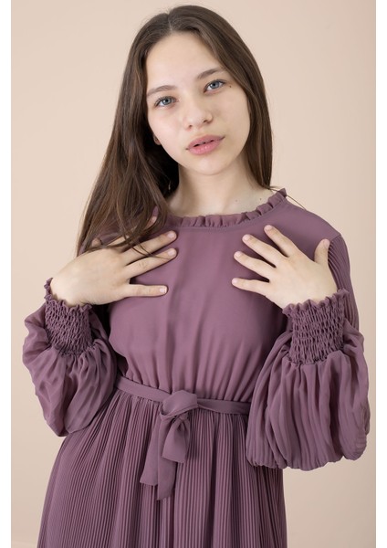 Kız Çocuk Elbise Fırfırlı Yaka ve Kuşak Detayı ile Özel Günler İçin fiyatları