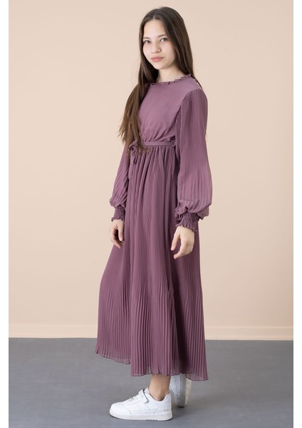 Kız Çocuk Elbise Fırfırlı Yaka ve Kuşak Detayı ile Özel Günler İçin indirimleri