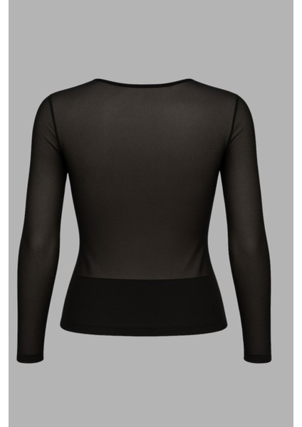 Büyük Beden Transparan Likralı Tül Uzun Kol Bluz-Siyah modelleri