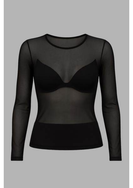 Büyük Beden Transparan Likralı Tül Uzun Kol Bluz-Siyah fırsatları