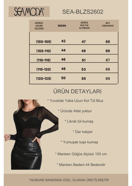 Büyük Beden Transparan Likralı Tül Uzun Kol Bluz-Siyah indirimleri