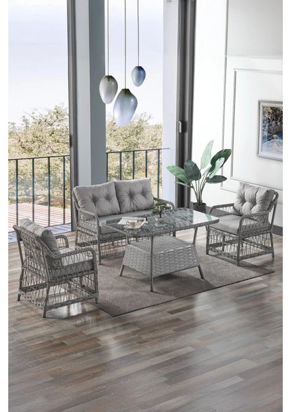 Rattan Breda Bahçe Mobilyası 2+1+1+Camlı Masa -- 2 Tane Puf Hediye