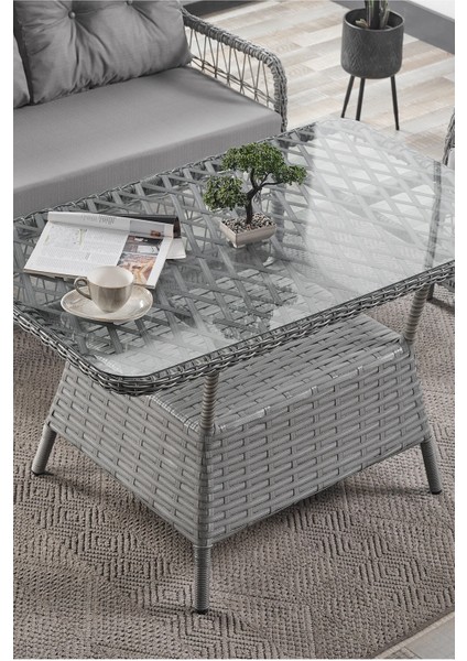 Rattan Breda Bahçe Mobilyası 2+1+1+Camlı Masa -- 2 Tane Puf Hediye