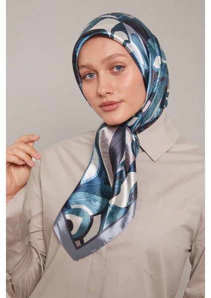 Mavi Çiçek Desen Kristal Eşarp