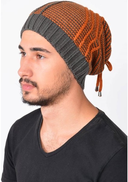 Triko Örgü Dökümlü Erkek Bere Turuncu-Antrasit Standart