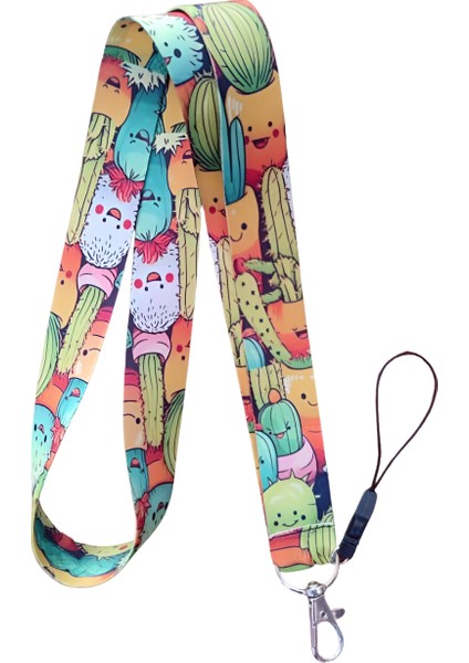 Sevimli Kaktüs Desenli Boyun Askı Ipi ve Telefon Askısı + Kartlık