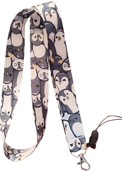 Sevimli Penguenler Desenli Boyun Askı Ipi ve Telefon Askısı + Kartlık