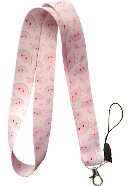 Pembe Dilimli Karpuz Desenli Boyun Askı Ipi ve Telefon Askısı + Kartlık