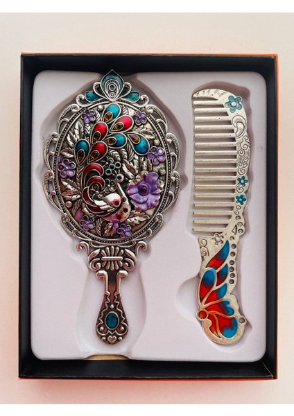 Ayna Tarak Seti, Kutulu-Metal-Hediyelik Takım, 13CM Aynalı Saç Fırçası, Tavuskuşu Figürlü