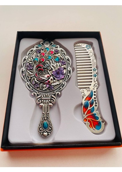 Ayna Tarak Seti, Kutulu-Metal-Hediyelik Takım, 13CM Aynalı Saç Fırçası, Tavuskuşu Figürlü modelleri