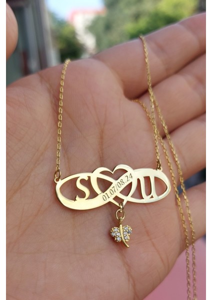 925 Ayar Gümüş 24 Ayar Altın Kaplama Kelebekli, Kalpli Harfli Sonsuzluk Kolye