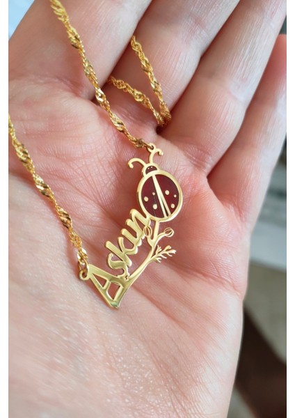 925 Ayar Gümüş 24 Ayar Altın Kaplama Uğur Böcek Figürlü Isimli Kolye