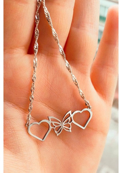 925 Ayar Gümüş Kalp ve Kelebek Figürlü Kolye