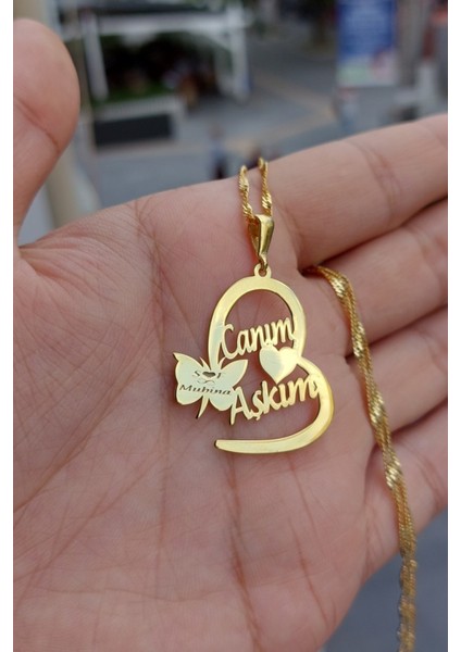 925 Ayar Gümüş 24 Ayar Altın Kaplama Kelebekli Kalp Kolye