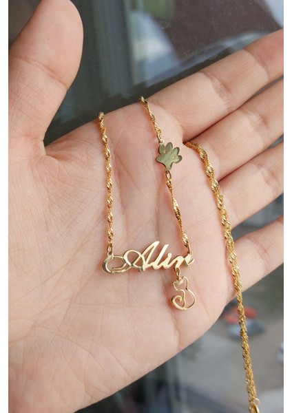 925 Ayar Gümüş 24 Ayar Altın Kaplama Kedi ve Pati Figürlü Isimli Kolye