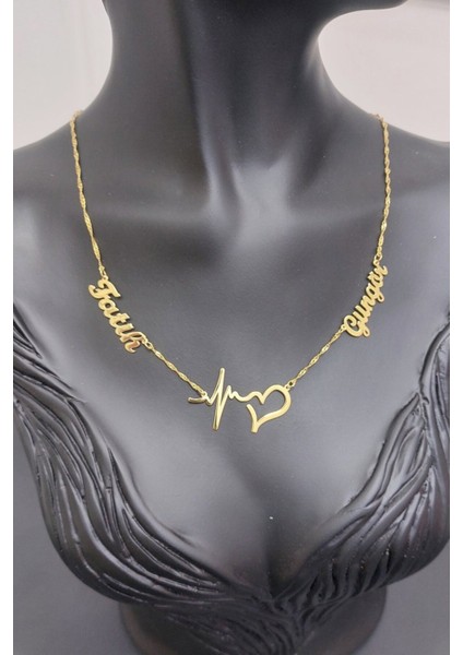 925 Ayar Gümüş 24 Ayar Altın Kaplama 2 Isimli Kalpli Kolye