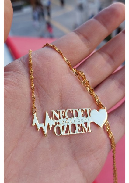 925 Ayar Gümüş 24 Ayar Altın Kaplama 2 Isimli Kalpli Kolye