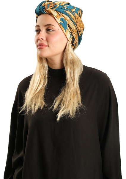 Petrol Mavisi Pratik Hazır Geçmeli Tesettür Bone Ipek Desenli 2410_17