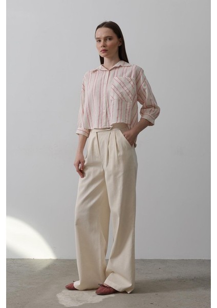 Çift Pileli Palazzo Pantolon - Natür modelleri