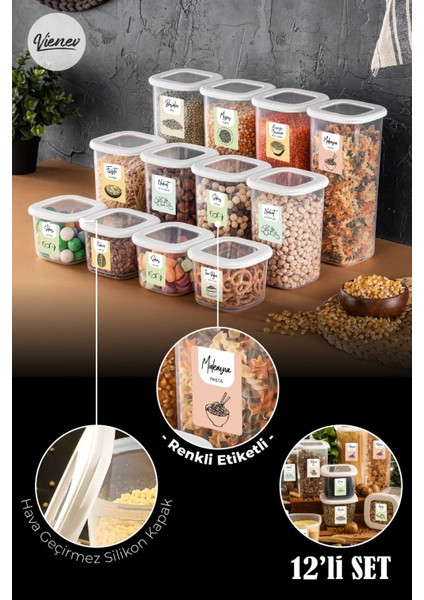 12LI Set Renkli Etiketli Kare Erzak Kabı 4x(0,55 Litre, 1,2 Litre, 1,75 Litre) Beyaz