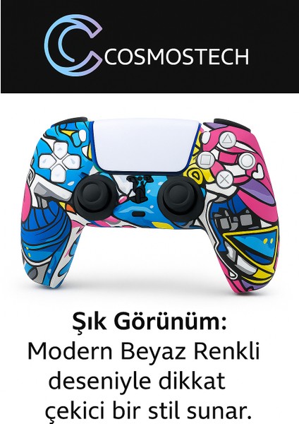 Ps5 Dualsense Joystick Koruyucu Silikon Kılıf Şık Beyaz Renkli Desenli – Yüksek Kaliteli, Esnek Kaplama