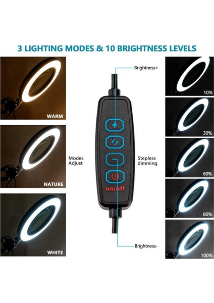 2pcs 10X Işık ve Kelepçe ile Büyüteç 3 Renk Modları 10 Parlaklık Ayarlanabilir Büyütme Masa Lambası Okumak Için (Yurt Dışından) modelleri