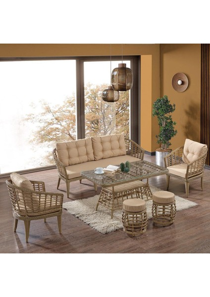 Rattan Albatros Bahçe Mobilyası 2+1+1+1+1+Camlı Masa