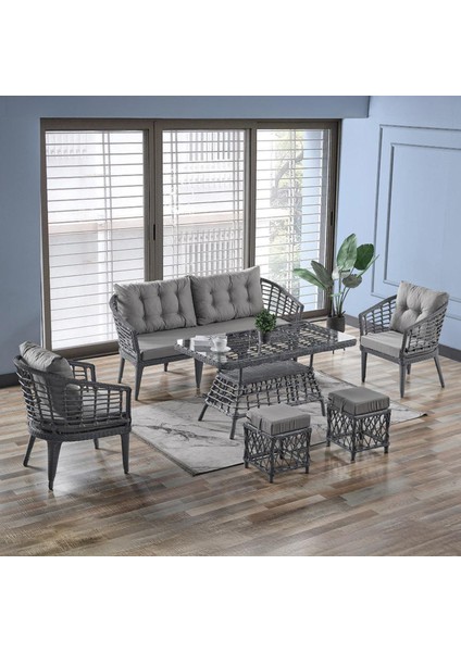 Rattan Albatros Bahçe Mobilyası 2+1+1+1+1+Camlı Masa