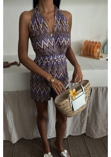 Zikzak Desenli Multi Renk Geçişli Mini Tulum 1365