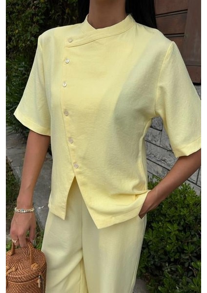 Hakim Yaka Çapraz Düğmeli Plazzo Pantolon Viscon Keten Takım 10209