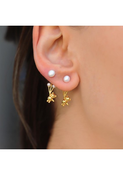 Ayıcık İncili Balon Gold Gümüş Küpe