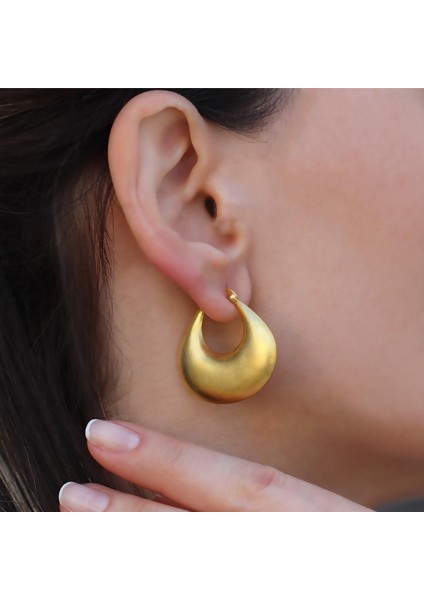 Elips Yassı Bombeli Gold Gümüş Küpe