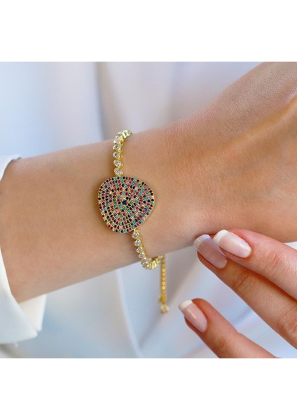 Renkli Taşlı Asansör Gold Gümüş Bileklik