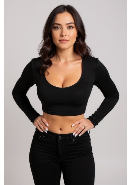 Kadın Siyah Uzun Kol Kare Yaka Crop Top Bluz – Şık, Rahat ve Kolay Kombinlenebilir fiyatları