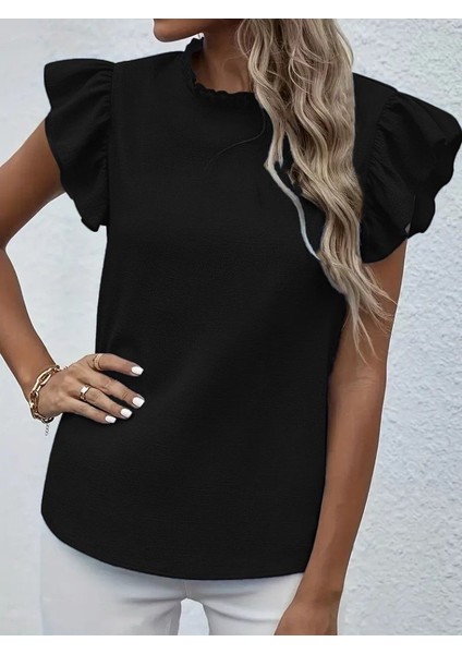 Kadın Kısa Kollu Fırfır Yakalı Bürümcük Bluz indirimleri